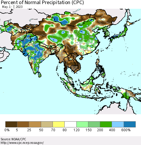 Asia Percent of Normal Precipitation (CPC) Thematic Map For 5/1/2023 - 5/7/2023