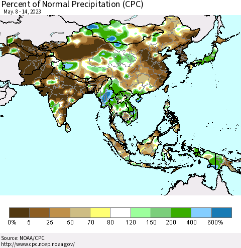Asia Percent of Normal Precipitation (CPC) Thematic Map For 5/8/2023 - 5/14/2023