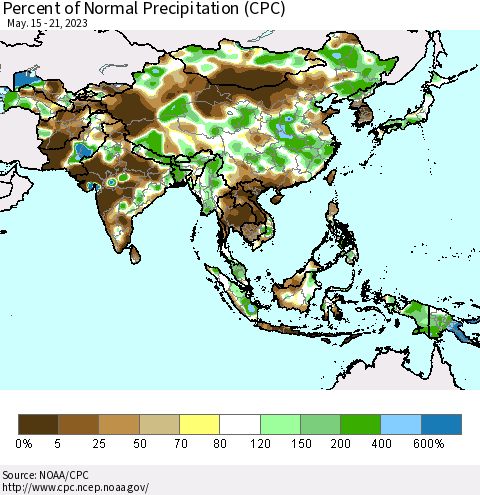 Asia Percent of Normal Precipitation (CPC) Thematic Map For 5/15/2023 - 5/21/2023