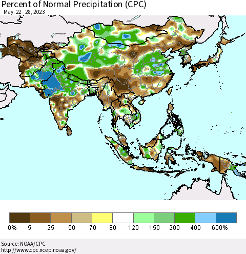 Asia Percent of Normal Precipitation (CPC) Thematic Map For 5/22/2023 - 5/28/2023