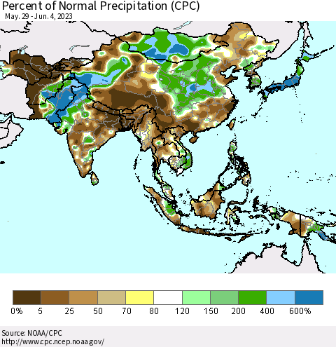 Asia Percent of Normal Precipitation (CPC) Thematic Map For 5/29/2023 - 6/4/2023