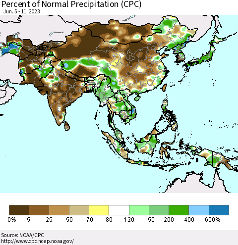 Asia Percent of Normal Precipitation (CPC) Thematic Map For 6/5/2023 - 6/11/2023
