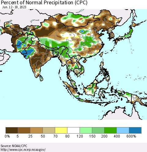 Asia Percent of Normal Precipitation (CPC) Thematic Map For 6/12/2023 - 6/18/2023