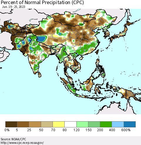 Asia Percent of Normal Precipitation (CPC) Thematic Map For 6/19/2023 - 6/25/2023