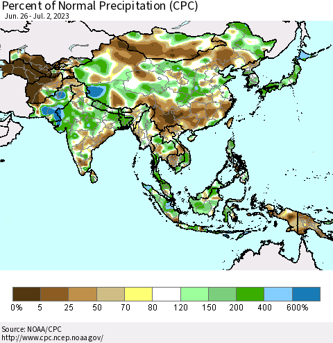 Asia Percent of Normal Precipitation (CPC) Thematic Map For 6/26/2023 - 7/2/2023