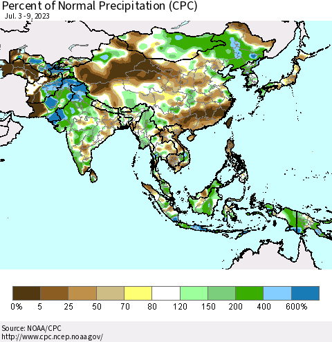 Asia Percent of Normal Precipitation (CPC) Thematic Map For 7/3/2023 - 7/9/2023