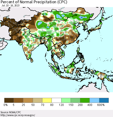 Asia Percent of Normal Precipitation (CPC) Thematic Map For 7/10/2023 - 7/16/2023