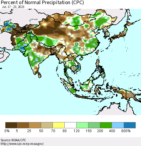 Asia Percent of Normal Precipitation (CPC) Thematic Map For 7/17/2023 - 7/23/2023
