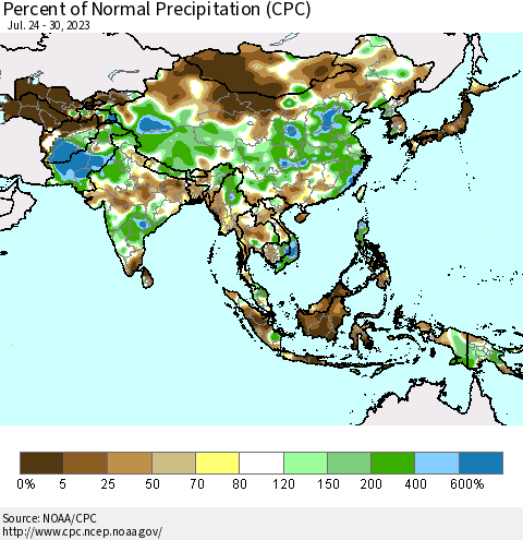 Asia Percent of Normal Precipitation (CPC) Thematic Map For 7/24/2023 - 7/30/2023