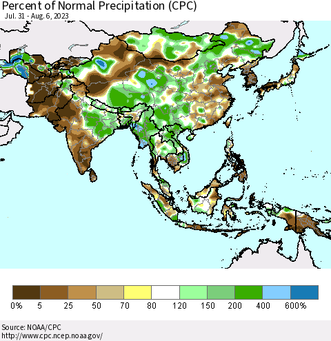 Asia Percent of Normal Precipitation (CPC) Thematic Map For 7/31/2023 - 8/6/2023