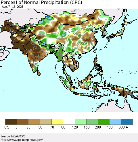 Asia Percent of Normal Precipitation (CPC) Thematic Map For 8/7/2023 - 8/13/2023