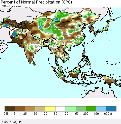 Asia Percent of Normal Precipitation (CPC) Thematic Map For 8/14/2023 - 8/20/2023