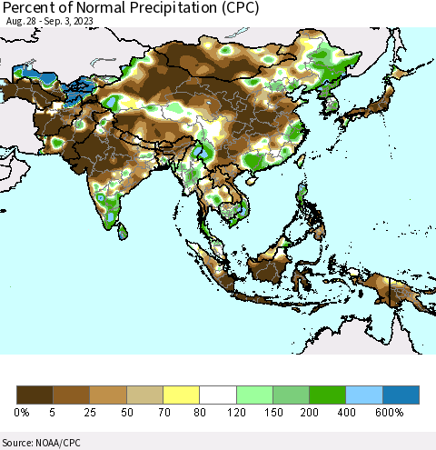 Asia Percent of Normal Precipitation (CPC) Thematic Map For 8/28/2023 - 9/3/2023