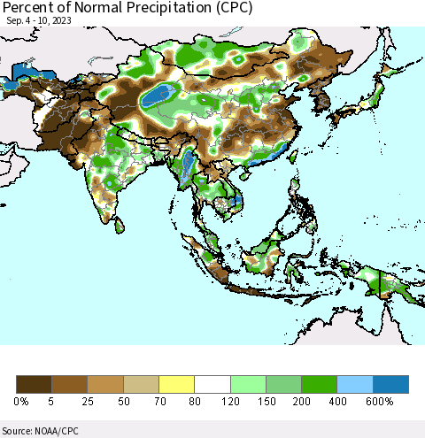 Asia Percent of Normal Precipitation (CPC) Thematic Map For 9/4/2023 - 9/10/2023