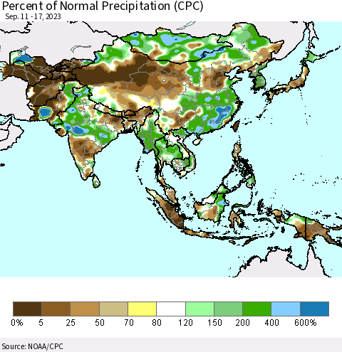 Asia Percent of Normal Precipitation (CPC) Thematic Map For 9/11/2023 - 9/17/2023
