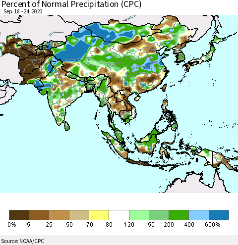 Asia Percent of Normal Precipitation (CPC) Thematic Map For 9/18/2023 - 9/24/2023