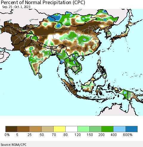 Asia Percent of Normal Precipitation (CPC) Thematic Map For 9/25/2023 - 10/1/2023
