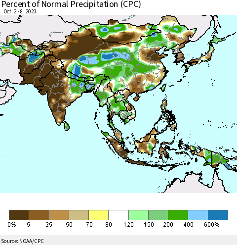 Asia Percent of Normal Precipitation (CPC) Thematic Map For 10/2/2023 - 10/8/2023