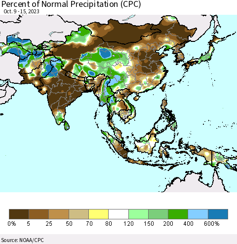 Asia Percent of Normal Precipitation (CPC) Thematic Map For 10/9/2023 - 10/15/2023
