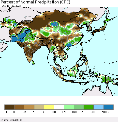 Asia Percent of Normal Precipitation (CPC) Thematic Map For 10/16/2023 - 10/22/2023