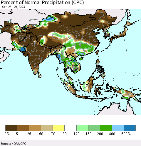 Asia Percent of Normal Precipitation (CPC) Thematic Map For 10/23/2023 - 10/29/2023
