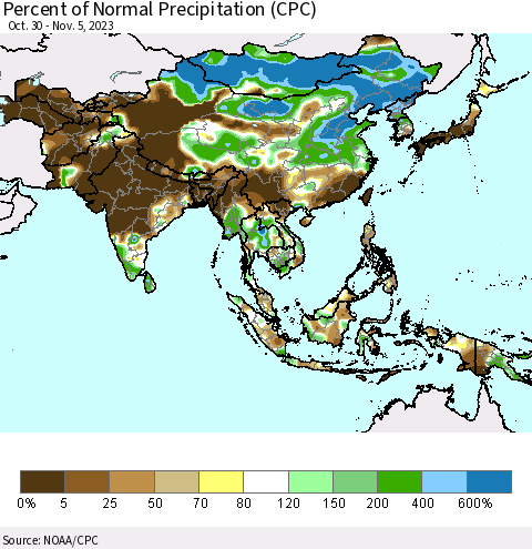 Asia Percent of Normal Precipitation (CPC) Thematic Map For 10/30/2023 - 11/5/2023