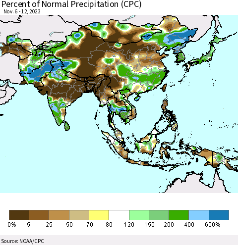 Asia Percent of Normal Precipitation (CPC) Thematic Map For 11/6/2023 - 11/12/2023