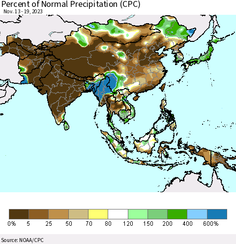 Asia Percent of Normal Precipitation (CPC) Thematic Map For 11/13/2023 - 11/19/2023