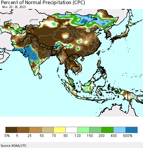 Asia Percent of Normal Precipitation (CPC) Thematic Map For 11/20/2023 - 11/26/2023