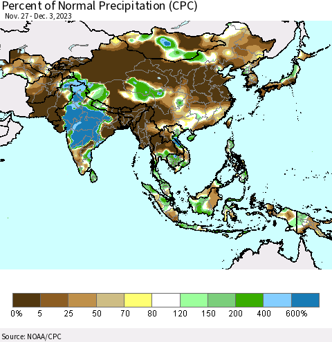 Asia Percent of Normal Precipitation (CPC) Thematic Map For 11/27/2023 - 12/3/2023