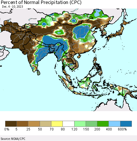 Asia Percent of Normal Precipitation (CPC) Thematic Map For 12/4/2023 - 12/10/2023