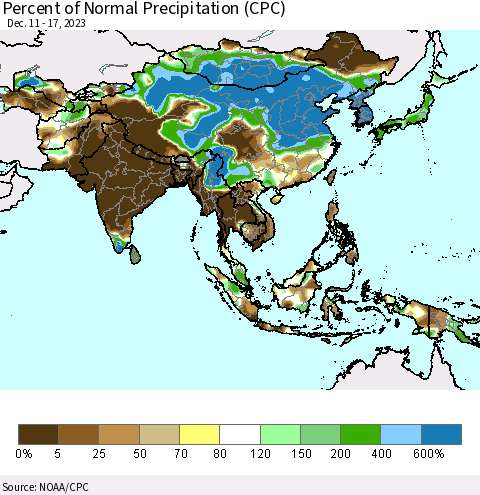 Asia Percent of Normal Precipitation (CPC) Thematic Map For 12/11/2023 - 12/17/2023