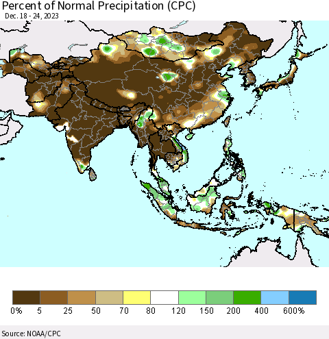 Asia Percent of Normal Precipitation (CPC) Thematic Map For 12/18/2023 - 12/24/2023