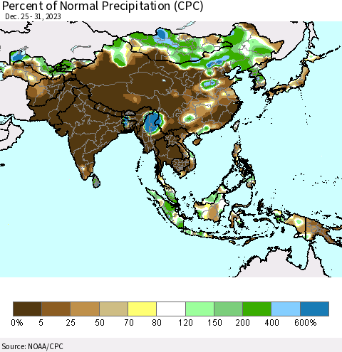 Asia Percent of Normal Precipitation (CPC) Thematic Map For 12/25/2023 - 12/31/2023