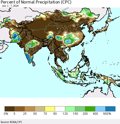 Asia Percent of Normal Precipitation (CPC) Thematic Map For 1/1/2024 - 1/7/2024
