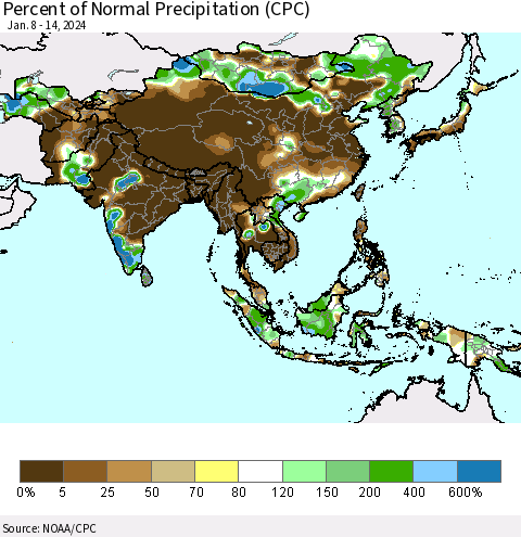 Asia Percent of Normal Precipitation (CPC) Thematic Map For 1/8/2024 - 1/14/2024