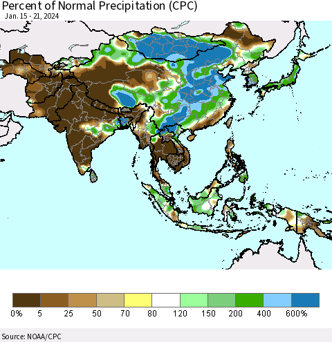 Asia Percent of Normal Precipitation (CPC) Thematic Map For 1/15/2024 - 1/21/2024