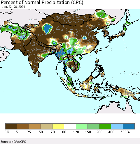 Asia Percent of Normal Precipitation (CPC) Thematic Map For 1/22/2024 - 1/28/2024