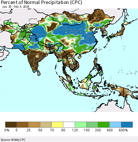Asia Percent of Normal Precipitation (CPC) Thematic Map For 1/29/2024 - 2/4/2024
