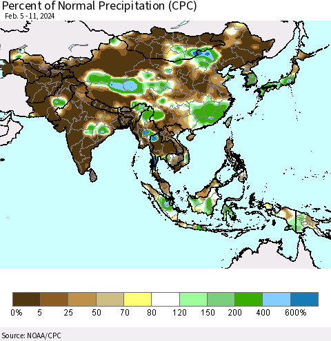 Asia Percent of Normal Precipitation (CPC) Thematic Map For 2/5/2024 - 2/11/2024