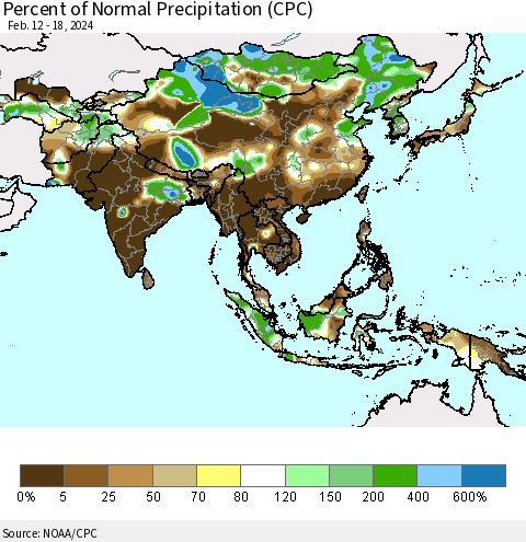 Asia Percent of Normal Precipitation (CPC) Thematic Map For 2/12/2024 - 2/18/2024