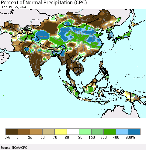 Asia Percent of Normal Precipitation (CPC) Thematic Map For 2/19/2024 - 2/25/2024