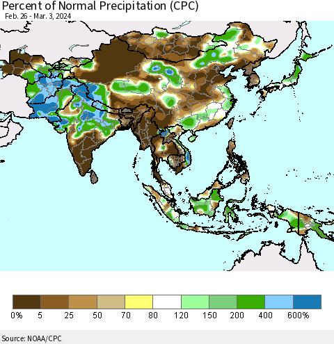 Asia Percent of Normal Precipitation (CPC) Thematic Map For 2/26/2024 - 3/3/2024