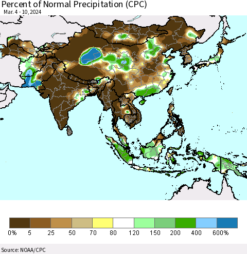 Asia Percent of Normal Precipitation (CPC) Thematic Map For 3/4/2024 - 3/10/2024