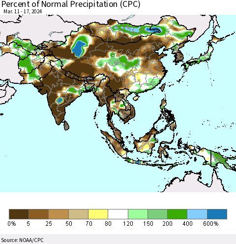 Asia Percent of Normal Precipitation (CPC) Thematic Map For 3/11/2024 - 3/17/2024