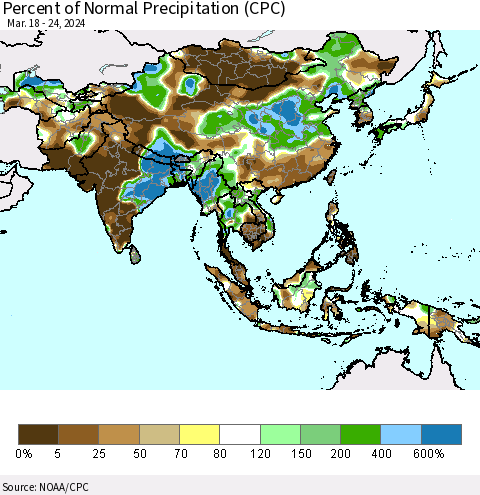 Asia Percent of Normal Precipitation (CPC) Thematic Map For 3/18/2024 - 3/24/2024