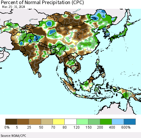 Asia Percent of Normal Precipitation (CPC) Thematic Map For 3/25/2024 - 3/31/2024