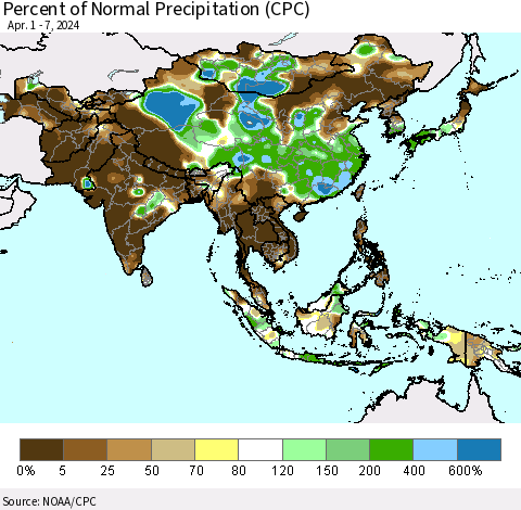 Asia Percent of Normal Precipitation (CPC) Thematic Map For 4/1/2024 - 4/7/2024