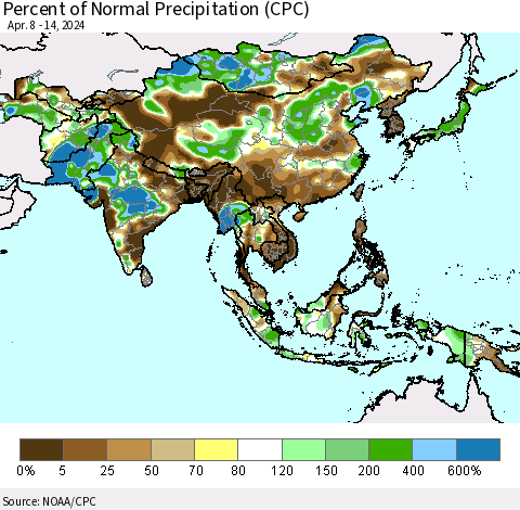 Asia Percent of Normal Precipitation (CPC) Thematic Map For 4/8/2024 - 4/14/2024