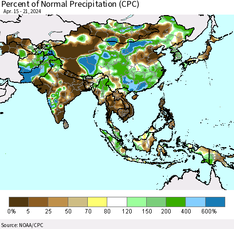 Asia Percent of Normal Precipitation (CPC) Thematic Map For 4/15/2024 - 4/21/2024